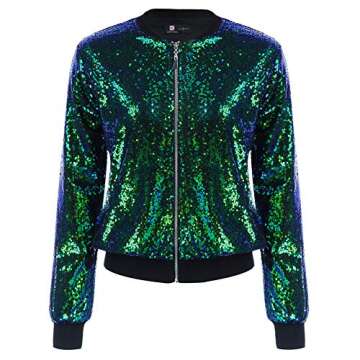 KANCY KOLE Sequin Long Sleeve Jackets for Women Shiny Metallic Bomber Jacket Coats With Pockets(S,Green)