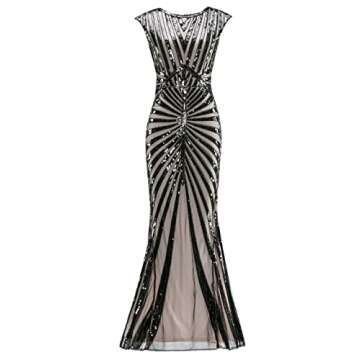 Metme Women's 1920s Vintage Fringed Sequin Long Flapper Gatsby Dress for Party,Champagne,Small