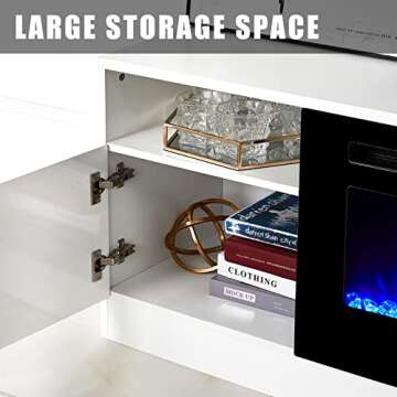 AMERLIFE TV Stand with Fireplace, LED Light Entertainment Center with 36" Electric Fireplace, 70" Modern Wood Entertainment Stand with Highlight Storage Cabinet for TVs up to 80", White & Black