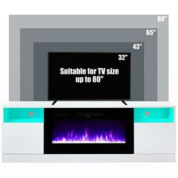 AMERLIFE TV Stand with Fireplace, LED Light Entertainment Center with 36" Electric Fireplace, 70" Modern Wood Entertainment Stand with Highlight Storage Cabinet for TVs up to 80", White & Black