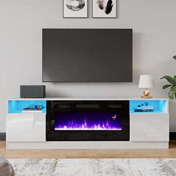 AMERLIFE TV Stand with Fireplace, LED Light Entertainment Center with 36" Electric Fireplace, 70" Modern Wood Entertainment Stand with Highlight Storage Cabinet for TVs up to 80", White & Black