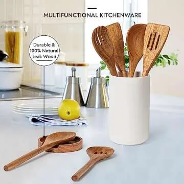 Lanzo Design Kitchen Utensil Set, 8 pcs Wooden Cooking Utensils Spatula Set with Ceramic Holder (White Holder)