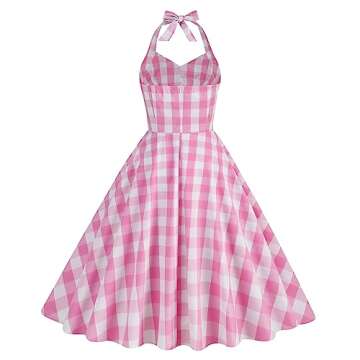 50s Pink Plaid Halter Dress for Women Retro Style