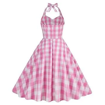 50s Pink Plaid Halter Dress for Women Retro Style