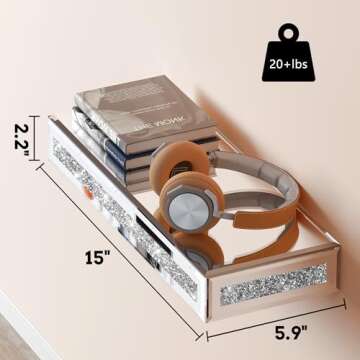 SHYFOY Mirrored Floating Shelves, Bling Shelves for Wall Decor, Silver Glass Shelf for Bedroom, Bathroom Storage Shelves, Book Shelves for Living Room