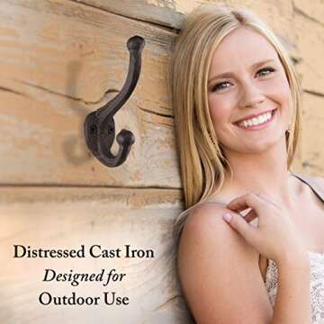 Rustic Wall Hooks for Hanging (4 Pack) Heavy Duty, Cast Iron, Black Coat Hooks for Hanging Coats - Decorative, Farmhouse Wall Hooks for Bags, Hats, Towels (Rustic Dark Brown Patina) w/Hardware