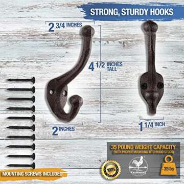 Rustic Wall Hooks for Hanging (4 Pack) Heavy Duty, Cast Iron, Black Coat Hooks for Hanging Coats - Decorative, Farmhouse Wall Hooks for Bags, Hats, Towels (Rustic Dark Brown Patina) w/Hardware