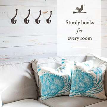 Rustic Wall Hooks for Hanging (4 Pack) Heavy Duty, Cast Iron, Black Coat Hooks for Hanging Coats - Decorative, Farmhouse Wall Hooks for Bags, Hats, Towels (Rustic Dark Brown Patina) w/Hardware