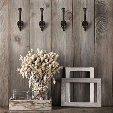 Rustic Wall Hooks for Hanging (4 Pack) Heavy Duty, Cast Iron, Black Coat Hooks for Hanging Coats - Decorative, Farmhouse Wall Hooks for Bags, Hats, Towels (Rustic Dark Brown Patina) w/Hardware