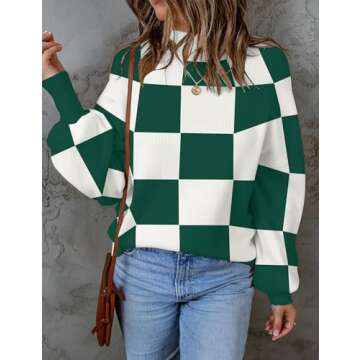 ZESICA Women's Fall Fashion Turtleneck Long Sleeve Striped Ribbed Knit Loose Pullover Sweater Tops,DarkGreenPlaid,Small