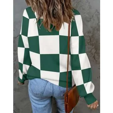 ZESICA Women's Fall Fashion Turtleneck Long Sleeve Striped Ribbed Knit Loose Pullover Sweater Tops,DarkGreenPlaid,Small