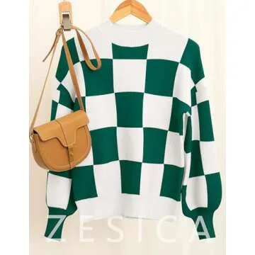 ZESICA Women's Fall Fashion Turtleneck Long Sleeve Striped Ribbed Knit Loose Pullover Sweater Tops,DarkGreenPlaid,Small