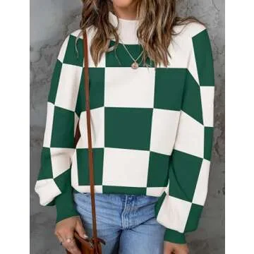 ZESICA Women's Fall Fashion Turtleneck Long Sleeve Striped Ribbed Knit Loose Pullover Sweater Tops,DarkGreenPlaid,Small
