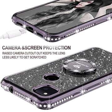 OCYCLONE for Cute Google Pixel 4a Case, Glitter Sparkle Bling Diamond Rhinestone Bumper Phone Case with Ring Kickstand, Soft Protective Women Girls Case for Google Pixel 4a 5.8 inch (2020)-Black
