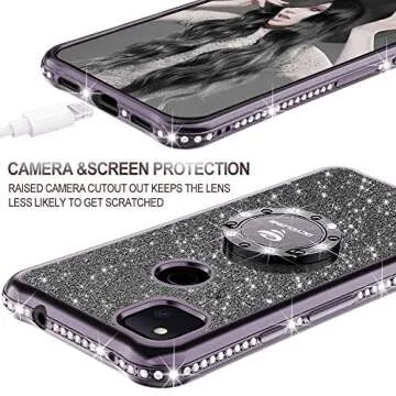 OCYCLONE for Cute Google Pixel 4a Case, Glitter Sparkle Bling Diamond Rhinestone Bumper Phone Case with Ring Kickstand, Soft Protective Women Girls Case for Google Pixel 4a 5.8 inch (2020)-Black