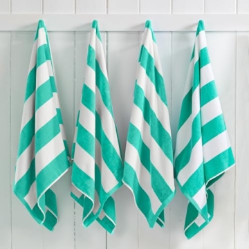 Great Bay Home 100% Cotton Velour 4 Pack Beach Towels | Blue Cabana Stripe Pool Towels | Quick Dry, ...