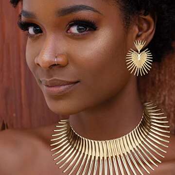 YADOCA African Collar Choker Necklace Earrings Set for Women Gold Statement Tooth Shape Tribal African Jewelry