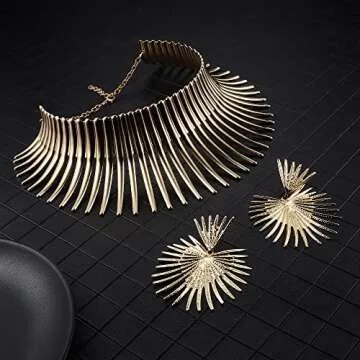 YADOCA African Collar Choker Necklace Earrings Set for Women Gold Statement Tooth Shape Tribal African Jewelry