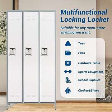 Fesbos 72" Metal Locker for Employees 3 Doors Gray&White Steel Storage Locker for Office, School, Gym - Metal Storage Cabinets for Home, Office, Gym, School