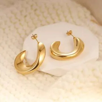 8YEARS Chunky Gold Hoop Earring for Women, 18K Gold Plated Lightweight Thick Gold Hoops Earrings, Hypoallergenic Gold Hoops Trendy Jewelry for Gift (Curved crescent)