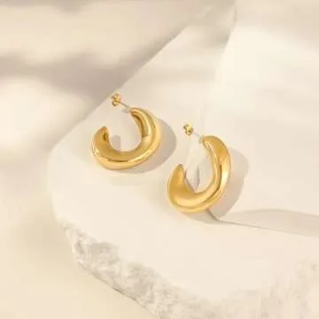 8YEARS Chunky Gold Hoop Earring for Women, 18K Gold Plated Lightweight Thick Gold Hoops Earrings, Hypoallergenic Gold Hoops Trendy Jewelry for Gift (Curved crescent)