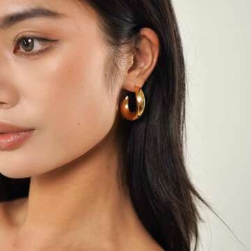 8YEARS Chunky Gold Hoop Earring for Women, 18K Gold Plated Lightweight Thick Gold Hoops Earrings, Hypoallergenic Gold Hoops Trendy Jewelry for Gift (Curved crescent)