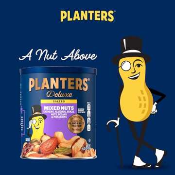 PLANTERS Deluxe Salted Mixed Nuts, Roasted Cashews, Almonds, Brazil Nuts, Pistachios, and Pecans, Party Snacks, Plant-Based Protein, Quick Snack for Adults, After School Snack, 15.25oz Canister