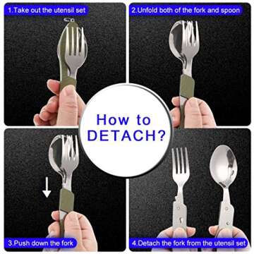2Pcs Detachable Camping Utensils Cutlery Set, Caudblor Portable 4 in 1 Stainless Steel Travel Utensil, Foldable Knife Fork Spoon Bottle Opener, Multi Function Eating Flatware Tableware(Green Black)