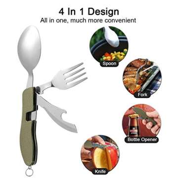 2Pcs Detachable Camping Utensils Cutlery Set, Caudblor Portable 4 in 1 Stainless Steel Travel Utensil, Foldable Knife Fork Spoon Bottle Opener, Multi Function Eating Flatware Tableware(Green Black)