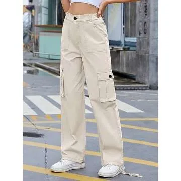 ZMPSIISA Women High Waisted Cargo Pants Wide Leg Casual Pants 6 Pockets Combat Military Trousers(Bei...