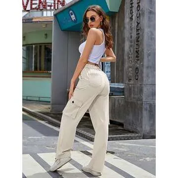 ZMPSIISA Women High Waisted Cargo Pants Wide Leg Casual Pants 6 Pockets Combat Military Trousers(Beige,Small)