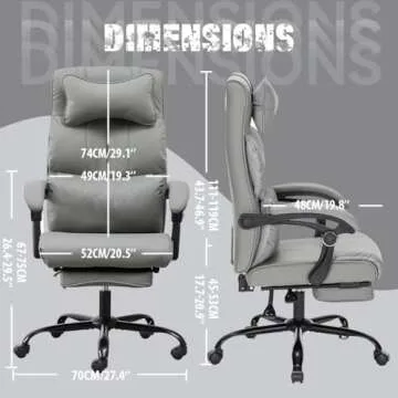 Ergonomic Office Chair with Foot Rest for Big and Tall Users, Adjustable Reclining Chair in Grey