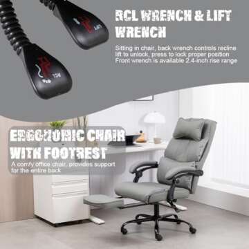 Office Chair with Foot Rest, Big and Tall Office Chair with Leg Rest, Executive Office Chair, Reclining Office Chair with Footrest High Back Leather Ergonomic Office Chair Lumbar Support, Grey