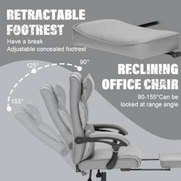 Office Chair with Foot Rest, Big and Tall Office Chair with Leg Rest, Executive Office Chair, Reclining Office Chair with Footrest High Back Leather Ergonomic Office Chair Lumbar Support, Grey