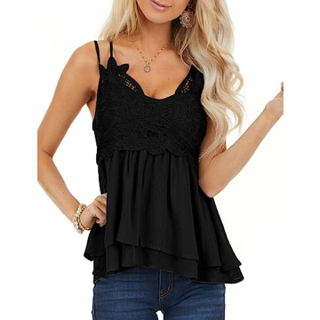 Women's V Neck Sleeveless Lace Trim Spaghetti Strap Camisole Cami Tank Top Black M