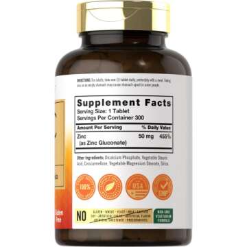 Carlyle Zinc 50mg - Immune Support, Vegetarian, Non-GMO, Gluten-Free Supplement | 300 Tablets