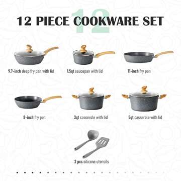 MAISON ARTS Pots and Pans Set Non Stick, 12 Piece Grey Granite Kitchen Cookware Induction Compatible...