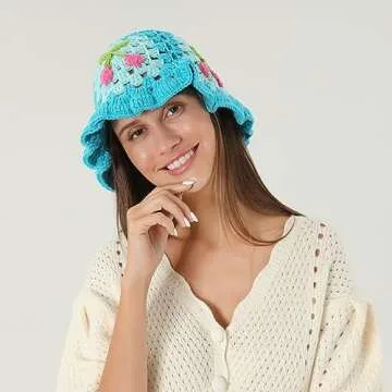 Fiewmay Crochet Bucket Hat for Women Handmade Floral Hat Portable Knitted Elastic Cute Beach Hat for Vacation Traveling (Cherry Blue)