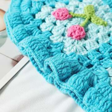 Fiewmay Crochet Bucket Hat for Women Handmade Floral Hat Portable Knitted Elastic Cute Beach Hat for Vacation Traveling (Cherry Blue)