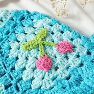 Fiewmay Crochet Bucket Hat for Women Handmade Floral Hat Portable Knitted Elastic Cute Beach Hat for Vacation Traveling (Cherry Blue)