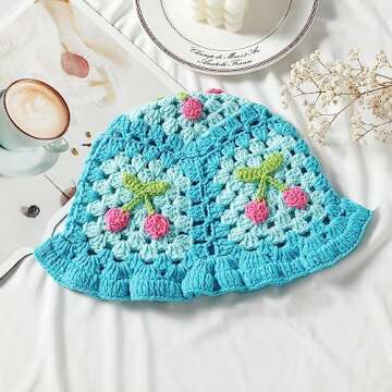 Fiewmay Crochet Bucket Hat for Women Handmade Floral Hat Portable Knitted Elastic Cute Beach Hat for Vacation Traveling (Cherry Blue)