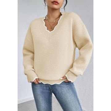Pink Queen Fuzzy Sweaters for Women Date Night Color Contrast Long Sleeve V Neck Pullovers Fashion Comfy Winter Chunky Jumper Tunic Top Beige L