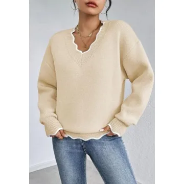 Pink Queen Fuzzy Sweaters for Women Date Night Color Contrast Long Sleeve V Neck Pullovers Fashion Comfy Winter Chunky Jumper Tunic Top Beige L
