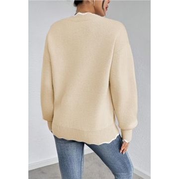 Pink Queen Fuzzy Sweaters for Women Date Night Color Contrast Long Sleeve V Neck Pullovers Fashion Comfy Winter Chunky Jumper Tunic Top Beige L