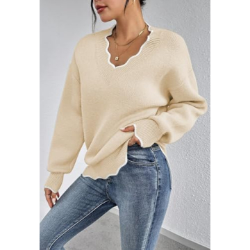 Pink Queen Fuzzy Sweaters for Women Date Night Color Contrast Long Sleeve V Neck Pullovers Fashion Comfy Winter Chunky Jumper Tunic Top Beige L