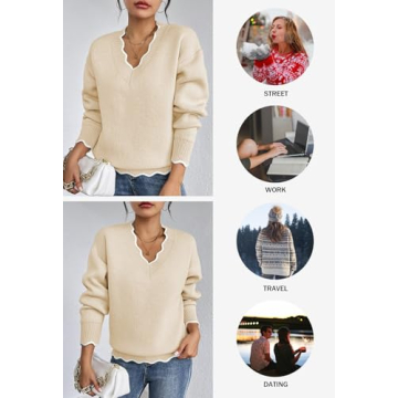 Pink Queen Fuzzy Sweaters for Women Date Night Color Contrast Long Sleeve V Neck Pullovers Fashion Comfy Winter Chunky Jumper Tunic Top Beige L