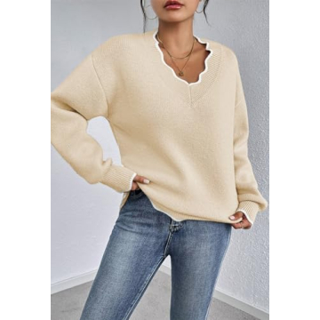 Pink Queen Fuzzy Sweaters for Women Date Night Color Contrast Long Sleeve V Neck Pullovers Fashion Comfy Winter Chunky Jumper Tunic Top Beige L
