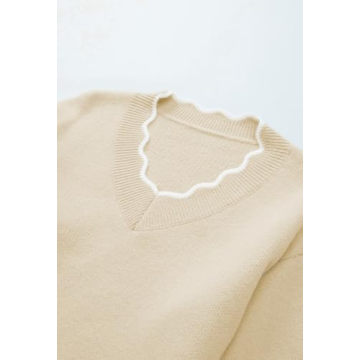 Pink Queen Fuzzy Sweaters for Women Date Night Color Contrast Long Sleeve V Neck Pullovers Fashion Comfy Winter Chunky Jumper Tunic Top Beige L