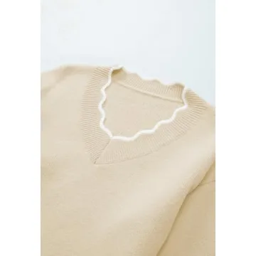 Pink Queen Fuzzy Sweaters for Women Date Night Color Contrast Long Sleeve V Neck Pullovers Fashion Comfy Winter Chunky Jumper Tunic Top Beige L