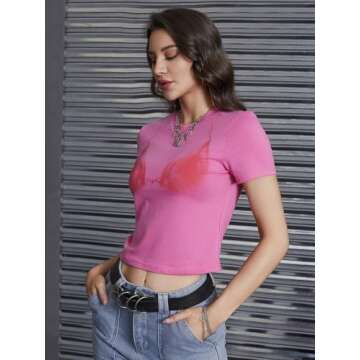 Floerns Women's Graphic Tees Summer Short Sleeve Bra Print T Shirts Crop Top Pink S